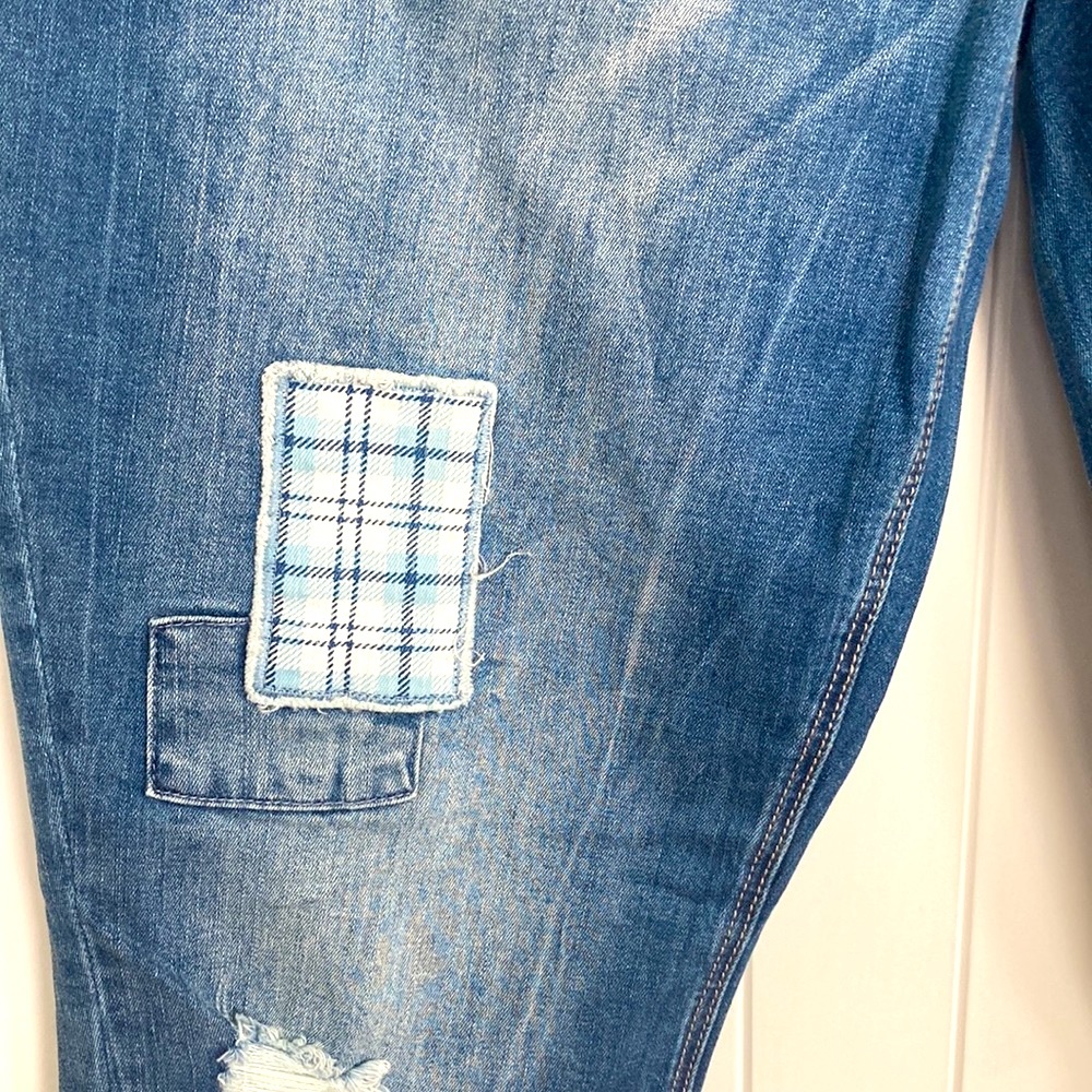 Seven7 Girlfriend Jeans Sz 14 Womens Blue Stretch Denim Distressed Patchwork NEW - Picture 3 of 12